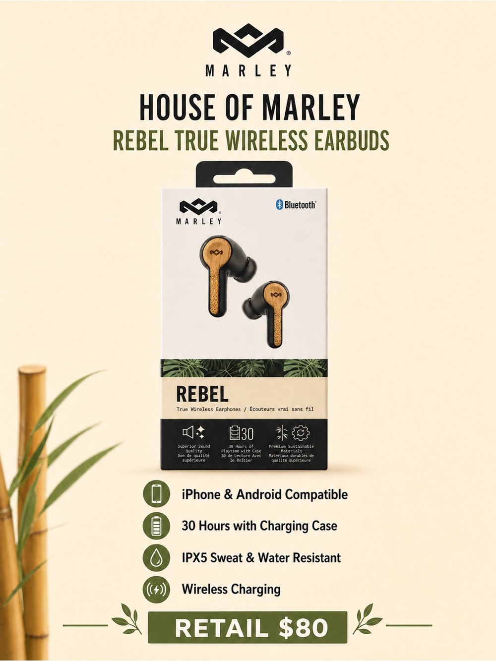 Rebel True Wireless Earbuds — Black with Wood Accents